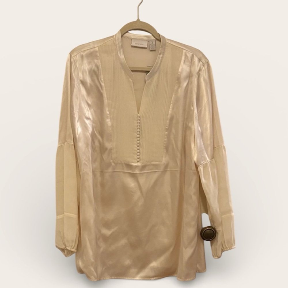 Chico’s Rosalia Tunic Pleated Poet Long Sleeve Antique Ivory Sz 3 / US 16 NWT